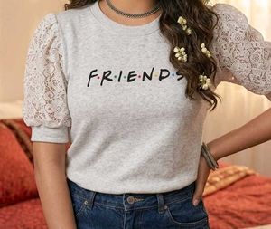 Grey Friends Sweatshirt with Lace Sleeves