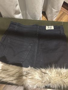 Black Denim Mini Skirt with Fur Trim