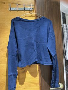 Blue Cropped Ribbed Sweatshirt