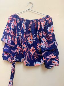 Blue Floral Off-Shoulder Tiered Top