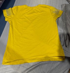 Yellow T-Shirt with Rhinestone Cat Design