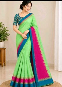 Light Green Saree with Pink &amp; Blue Blouse