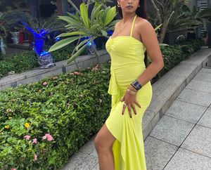 Lime Green🍋‍🟩 Ruched Maxi Dress with Slit