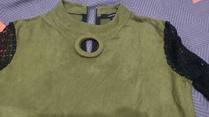 Stylish Olive Green Top with Black Lace Sleeves