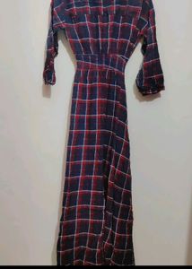 Red &amp; Navy Blue Check Print Long Front Cut Open Ku