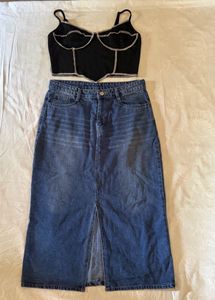 set top & Women's Blue Denim Maxi Skirt