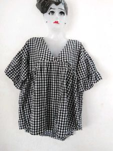 Checkered V-Neck Ruffle Sleeve Top