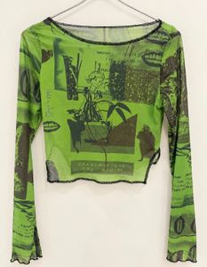 Urbanic Lime Green Graphic Print Mesh Top