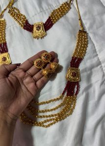 Unused Elegant Gold and Maroon Beaded Necklace Set