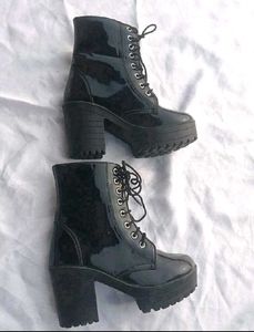 Glossy Black Platform Heel Ankle Boots