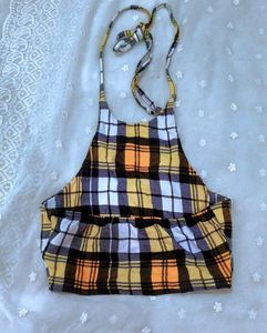 Yellow Plaid Halter Neck Crop Top