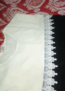 Elegant White &amp; Black Lace Trim Blouse