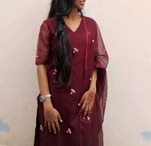 Maroon Embroidered Kurta Set