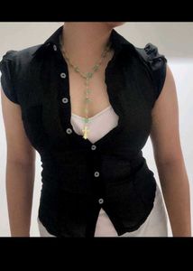 Chic Black Cap Sleeve Button-Up Top