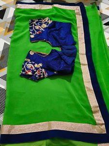 parrot green Saree with Designer Blouse