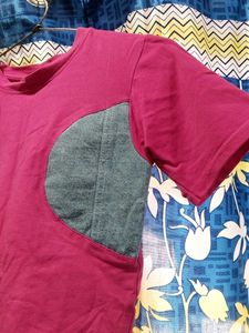 Unique Red &amp; Denim Patch Top