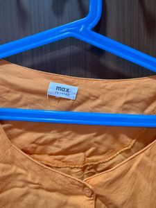 Orange Puff Sleeve Button-Up Top
