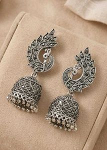 Oxidized Silver Peacock Jhumkas