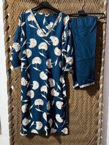 Elegant Blue Floral Print Kurta Set With Duppta