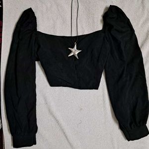 Edgy Black Square Neck Puff Sleeve Crop Top