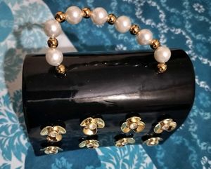 Elegant Black Clutch with Gold Flower Embellishmen