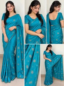 Stunning Blue Embroidered Silk Saree
