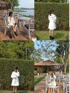 Chic White Square Neck Puff Sleeve Dress(XS)