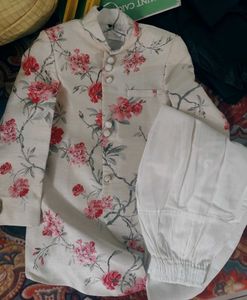 raw silk ivory colored kids sherwani with dhoti