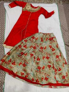 Stunning Red Embellished Kurta and skirt