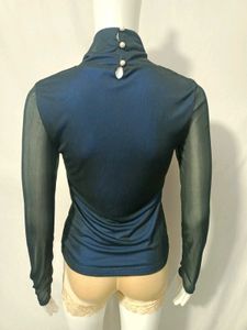 Blue Mesh Sleeve Turtleneck Top