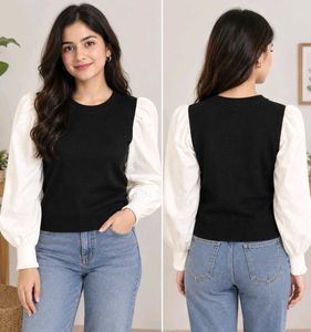 Chic Black & White Puff Sleeve sweater cum top