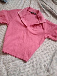 Chic Ribbed Pink Polo Crop Top