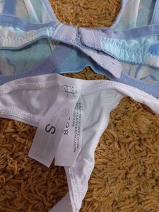Light Blue Floral Bra &amp; White Thong Set