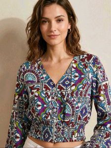 Boho Print V-Neck Smocked Waist Blouse