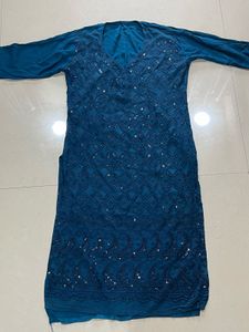 Elegant Teal Chikankari Kurta with Sequins