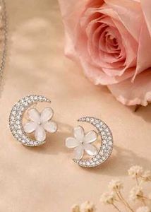 Crescent Moon & Flower Stud Earrings