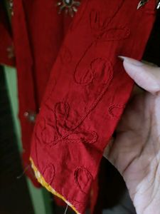 Red Self Embroidered Kurta