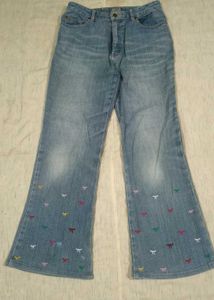 Wide Leg Jeans with  Multicolor Bow Embroidery