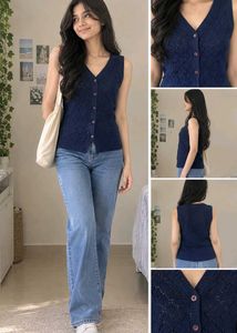Navy Blue V-Neck Knit Sleeveless Top