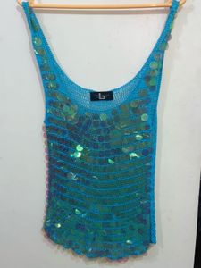 y2k sparkly crochet blue top