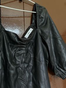 Black Faux Leather Puff Sleeve Dress