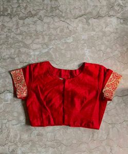 Elegant Red Silk Blouse with Golden Border