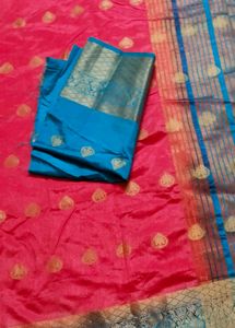 Vibrant Pink Silk Saree with Blue Border