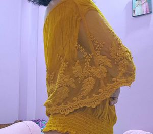 Off-Shoulder Embroidered Yellow Top