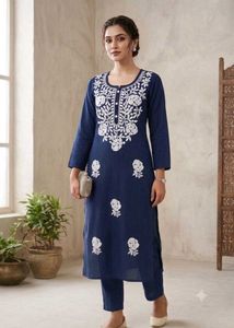 Elegant Navy Blue Kurta Set with White Embroidery
