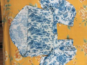 Blue Floral Puff Sleeve Corset Top