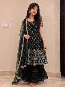 Dark Green Embroidered Sharara Set with Dupatta