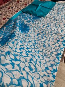 Pure Cotton Supernet White and Blue Saree🩵🤍