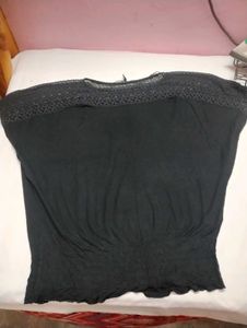 Black Dolman Sleeve Top with Crochet Detail