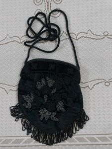 Vintage Black Beaded floral embroiderd Purse